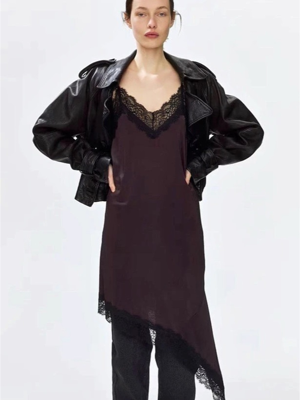 H&M Strappy Slip Dress Lace Trim Midi Dress in Brown Size Large NWT